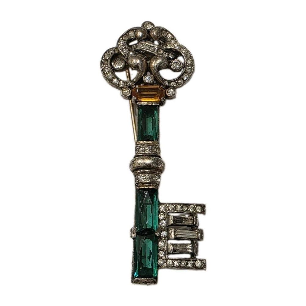 Rare Trifari Sterling Alfred Philippe Key Brooch Emerald 1940s Crown